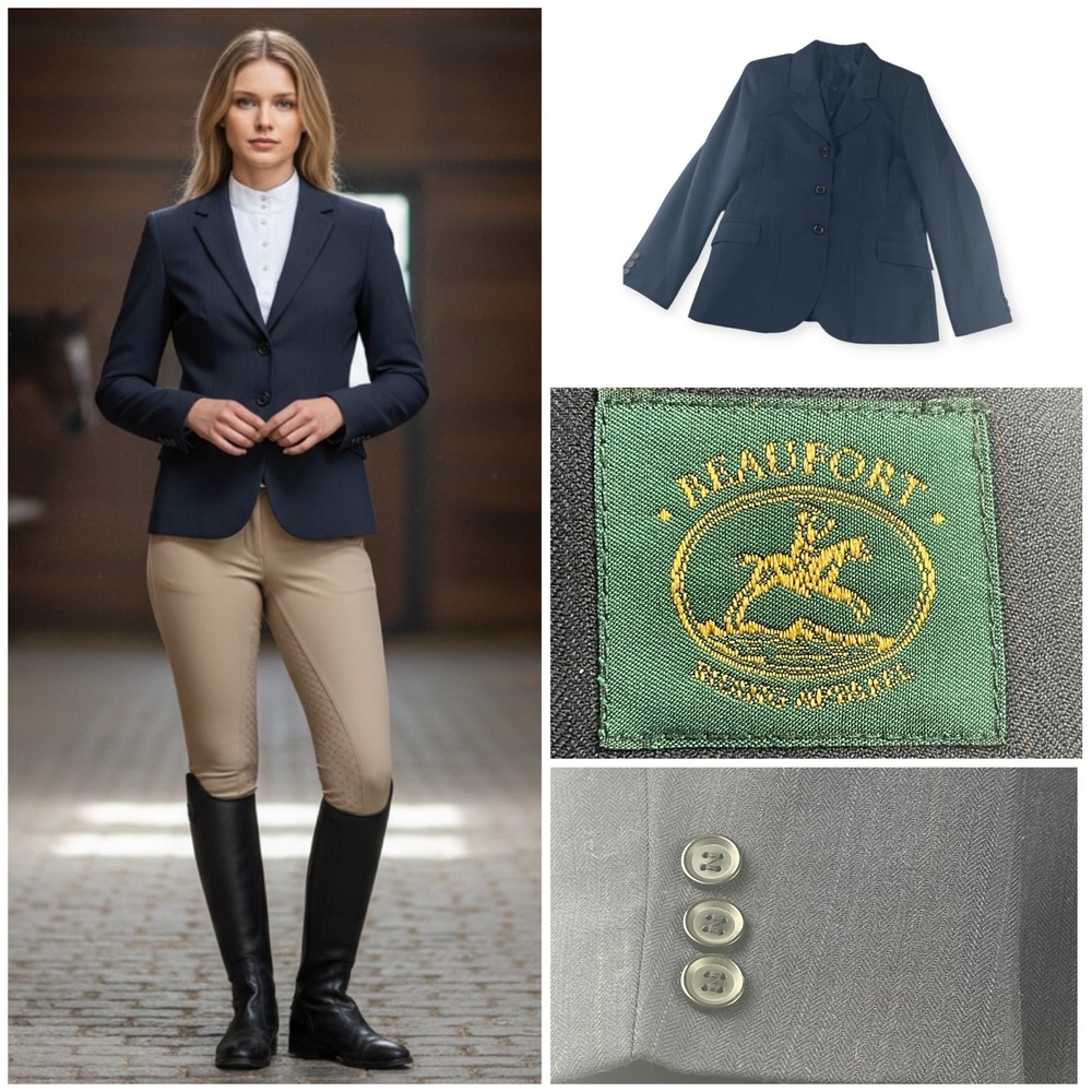 Beaufort Riding Apparel Navy Herringbone Blazer Women 14R Equestrian Show Jacket